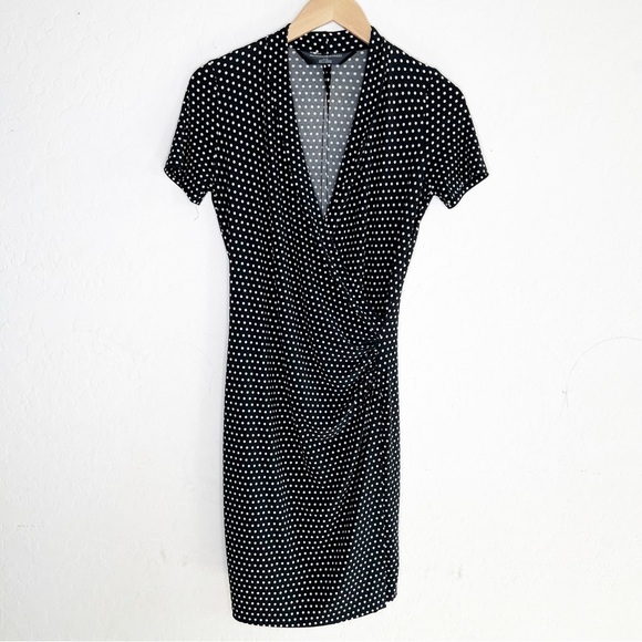Norma Kamali Polka Dot Faux Wrap Short Sleeve Dress Black White - Picture 2 of 8